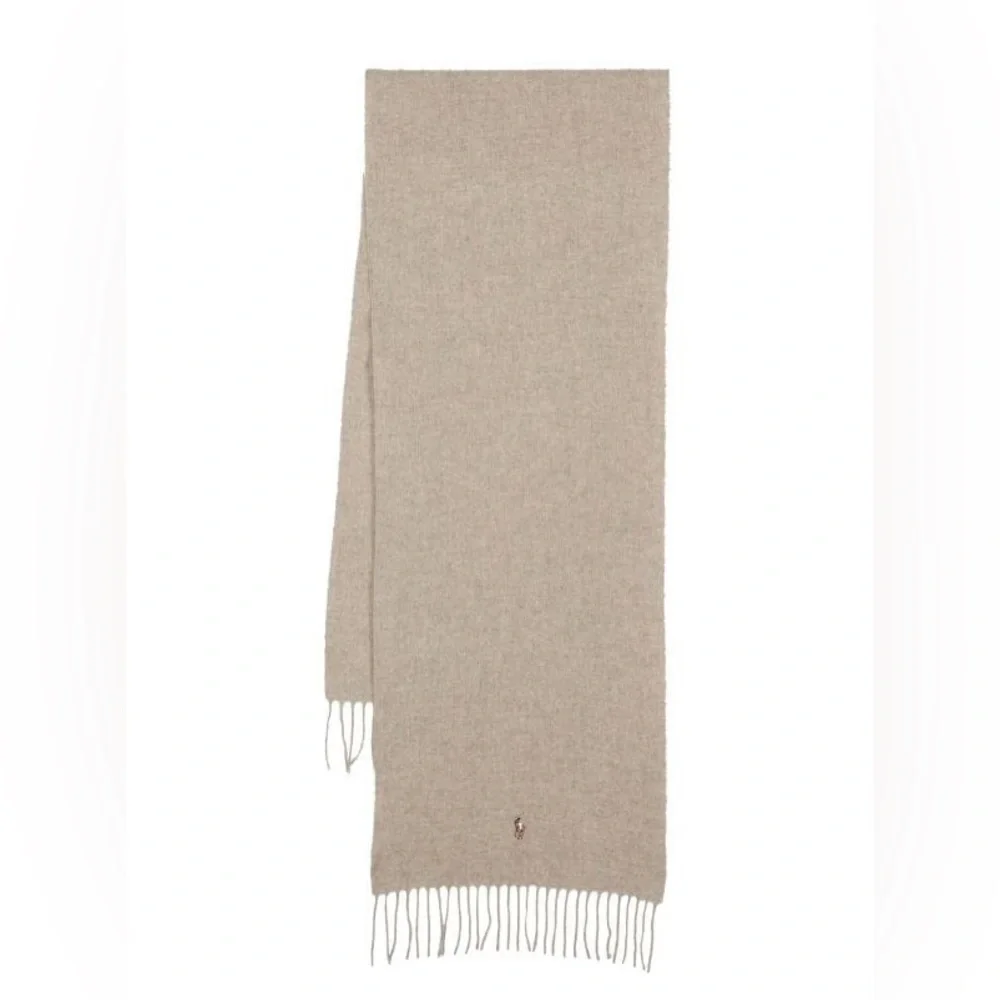 Polo Ralph Lauren Pony Embroidered Logo Fringed Scarf 100% Wool Beige NWT Flaw